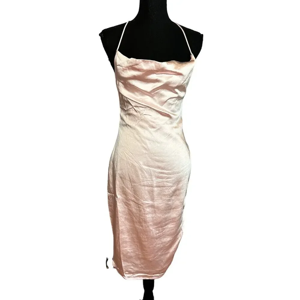 Superdown Pastel Pink Satin Midi Slip Dress Size XS Ruched Coquette Billie NEW - Picture 4 of 8